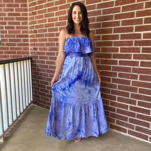 Strapless Blue Tie Dye Maxi Dress - Picture 5 of 11